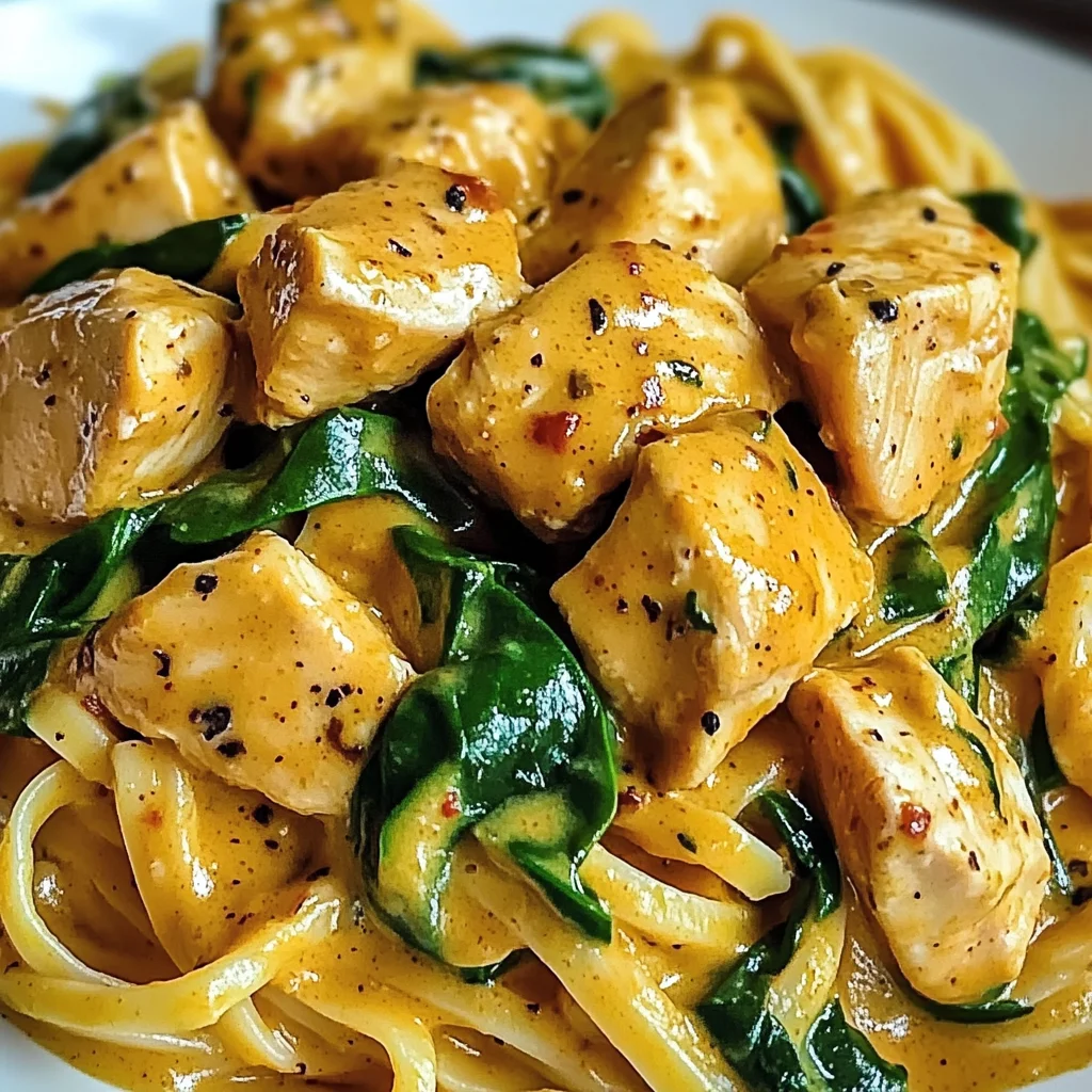 Pyszny makaron z kurczakiem i szpinakiem w aromatycznym sosie curry
